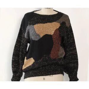 Vintage Metallic Abstract Patchwork Turtleneck knit Sweater 80s retro holiday S